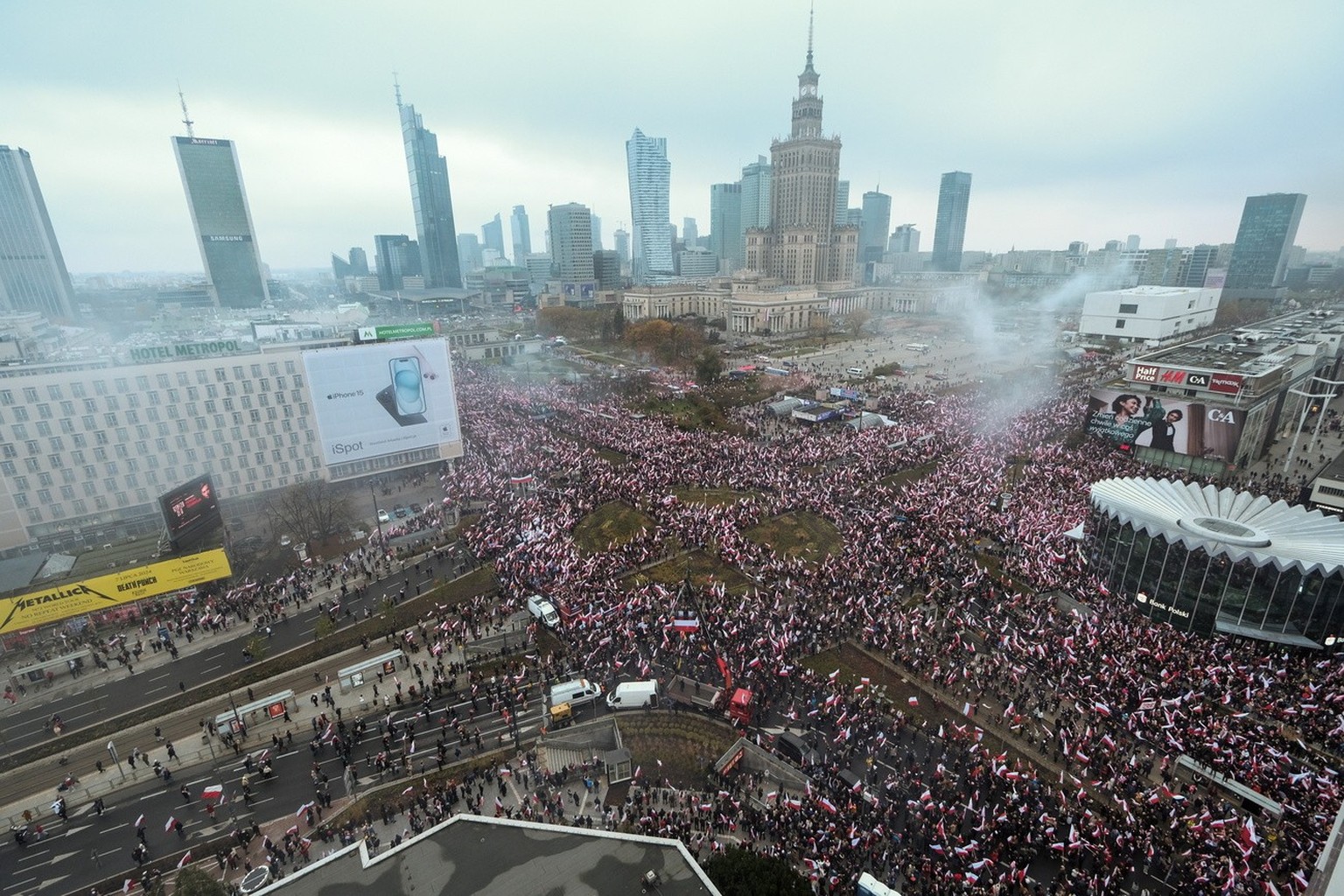 epa10969993 People gather while participating in the 'Poland is not yet lost' Independence March in Warsaw, Poland, November 11, 2023. National Independence Day commemorates the anniversary of...