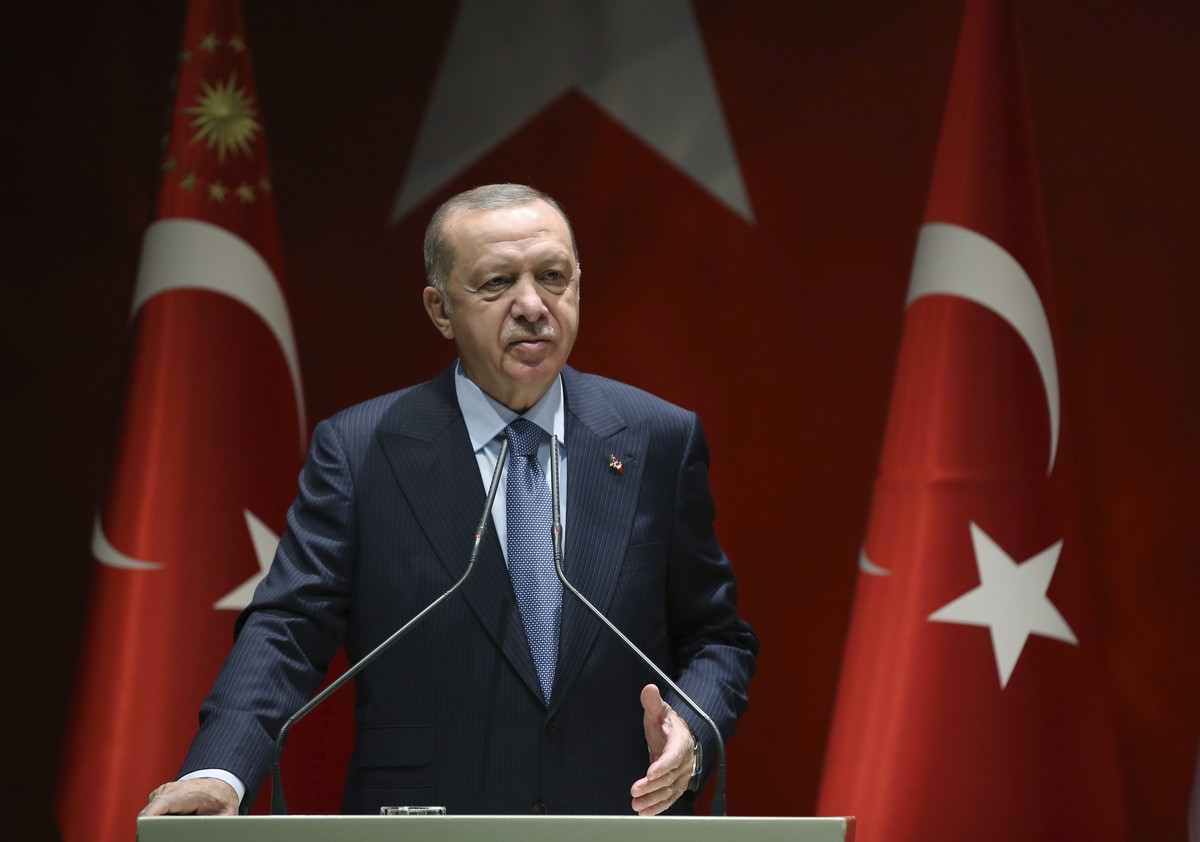 Turkey's President Recep Tayyip Erdogan addresses his ruling party members, in Ankara, Turkey, Thursday, Nov. 5, 2020. Erdogan held a video call with ethnic Turks living in Austria who Turkey ...