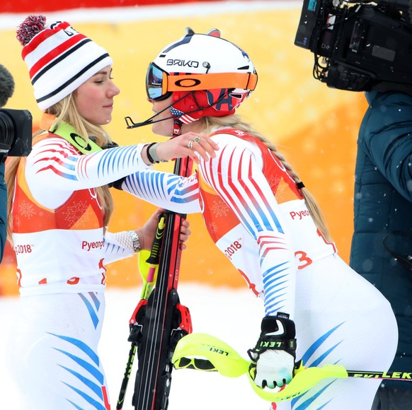Olympics: Alpine Skiing-Womens Alpine Combined, Feb 22, 2018 Pyeongchang, South Korea Mikaela Shiffrin USA and Lindsey Vonn USA hug after competing in the women s alpine combined slalom event during t ...
