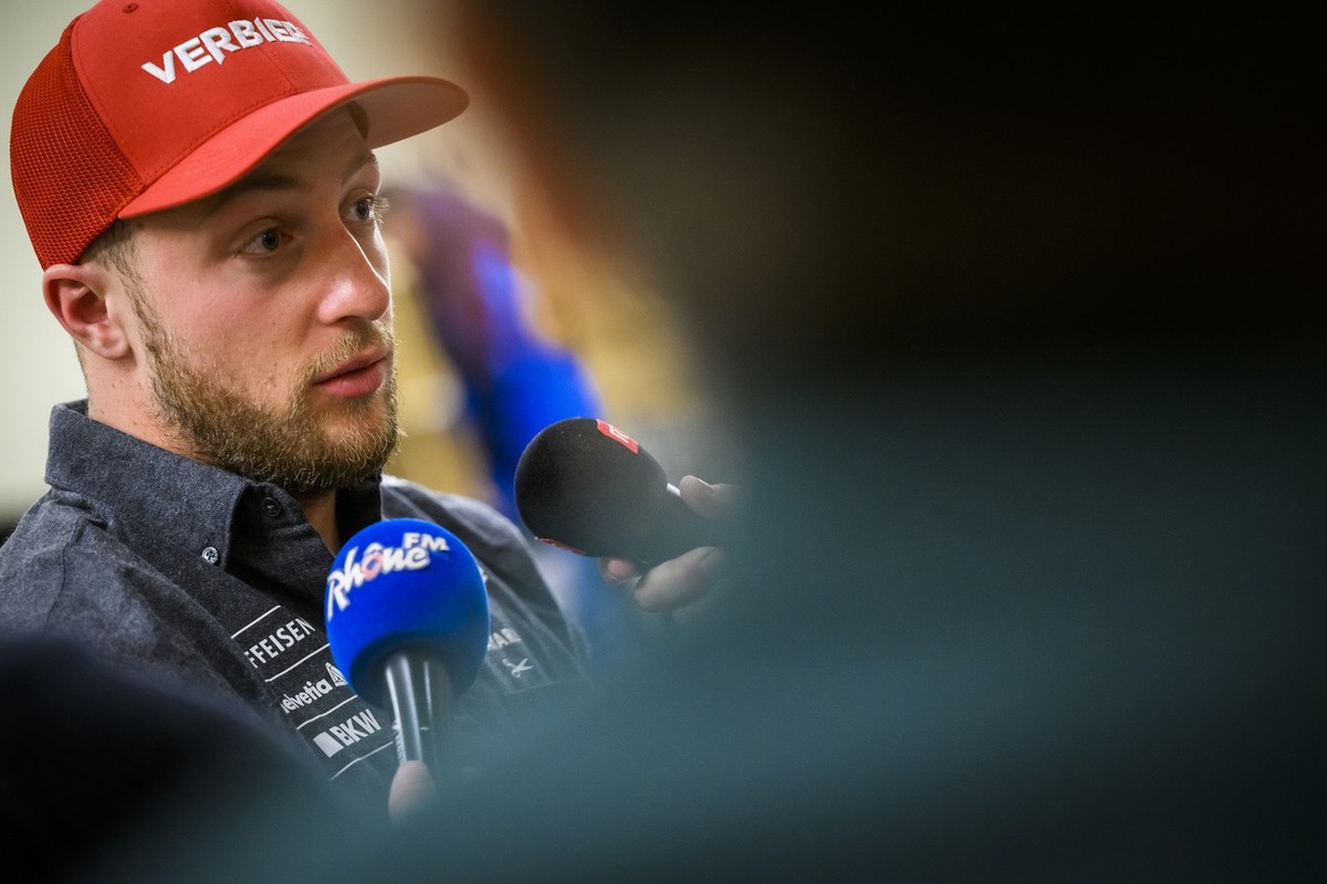 Justin Murisier of Switzerland speaks during the Swiss-Ski federation press conference at the Alpine Skiing FIS Ski World Cup in Wengen, Switzerland, Wednesday, January 11, 2023. (KEYSTONE/Jean-Christ ...