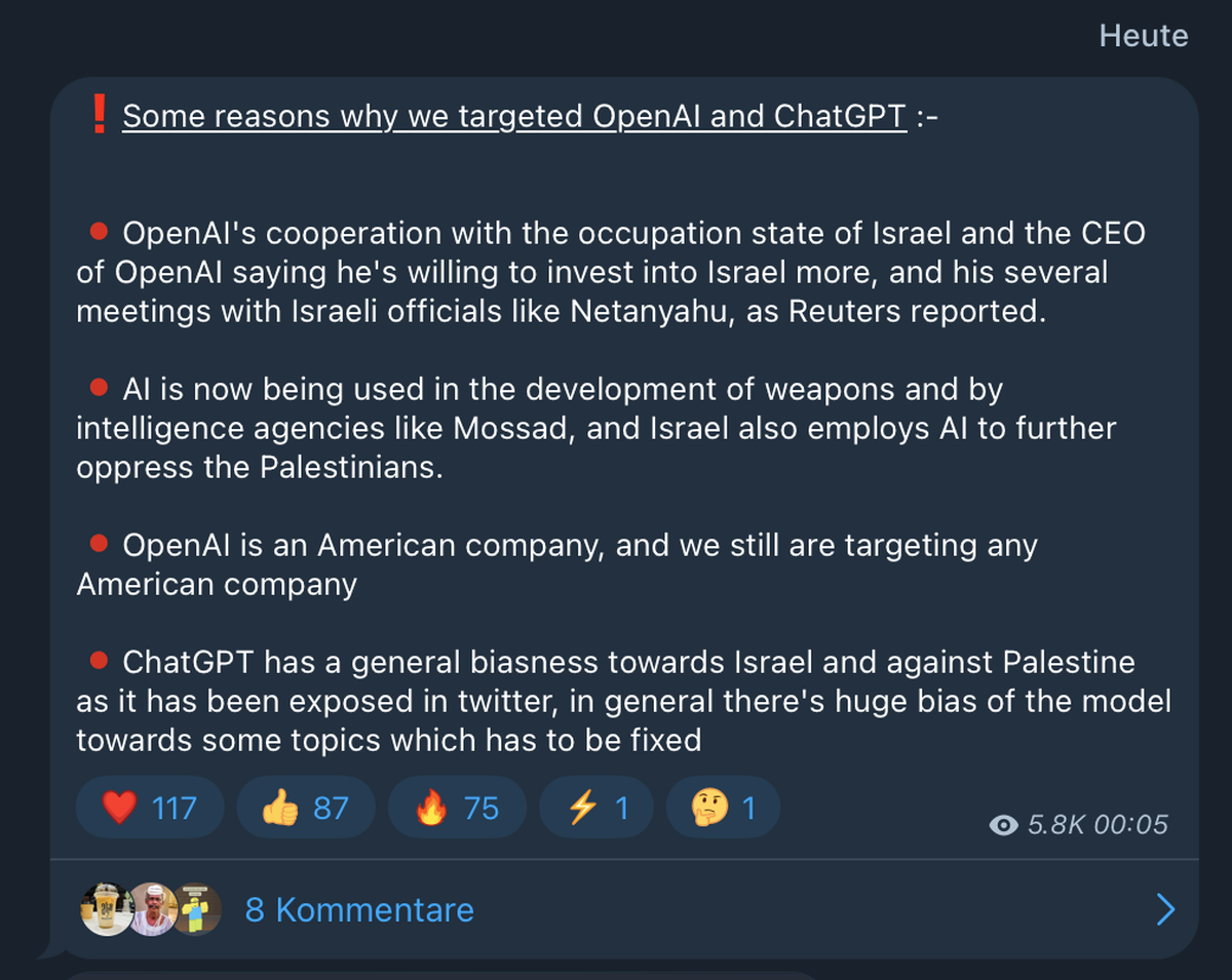 Telegram-Posting von Anonymous Sudan zu den DDoS-Attacken gegen ChatGPT.