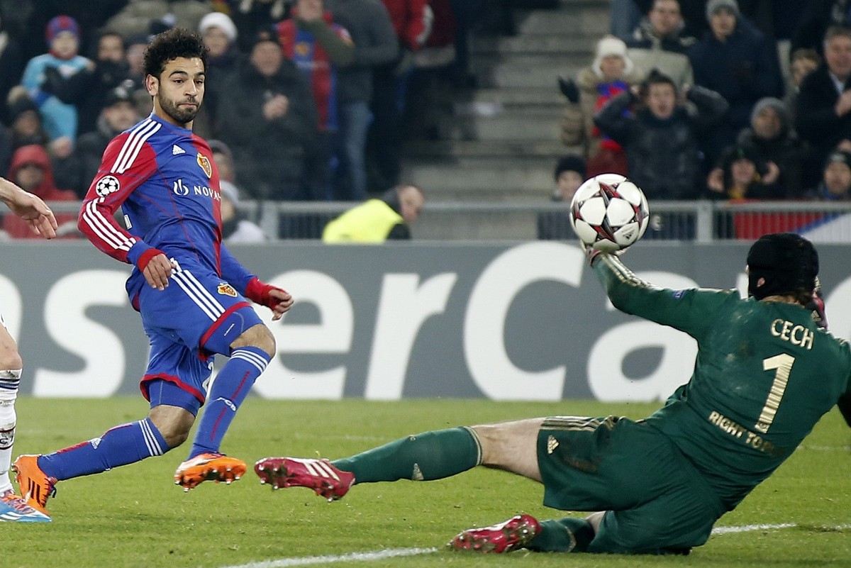 Basel's Mohamed Salah scores the 1-0 during an UEFA Champions League group E group stage matchday 5 soccer match between Switzerland's FC Basel 1893 and Britain's Chelsea FC at the St.  ...