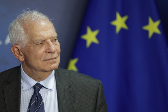 epa10242891 European Union for Foreign Affairs and Security Policy Josep Borrell during a ceremony to sign two documents on the bilateral cooperation between the European Union and Peru, ahead to a me ...