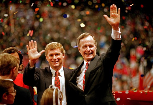 FILE - Republican presidential candidate, Vice President George Bush , right, and his running mate Sen. Dan Quayle, R-Ind., wave to the assembly of the Republican National Convention in New Orleans on ...