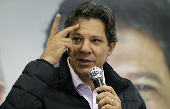 Workers&#039; Party candidate for vice president Fernando Haddad speaks during a press conference in Sao Paulo, Brazil, Tuesday, Aug. 7, 2018. Former Sao Paulo Mayor Haddad will replace jailed former  ...