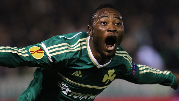 epa04479353 Abdul Ajagun of Panathinaikos Athens celebrates after scoring during the UEFA Europa League Group E, soccer match between Panathinaikos Athens and PSV Eindhoven at Apostolos Nikolaidis Sta ...