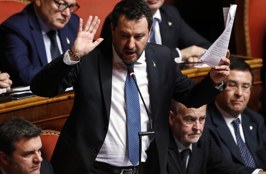 epa08213151 League leader Matteo Salvini gestures at the Senate during the debate over the Gregoretti case, in Rome, Italy, 12 February 2020. The Senate on Wednesday voted to allow prosecutors to proc ...