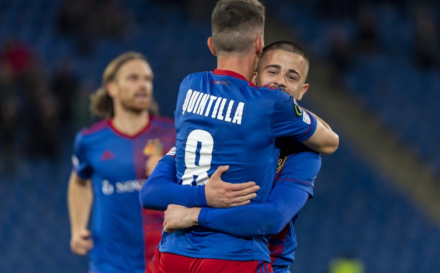 Basel&#039;s Edon Zhegrova, right, cheers after scoring during the UEFA Conference League group H soccer match between Switzerland&#039;s FC Basel 1893 and Cyprus&#039; Omonoia Nicosia at the St. Jako ...