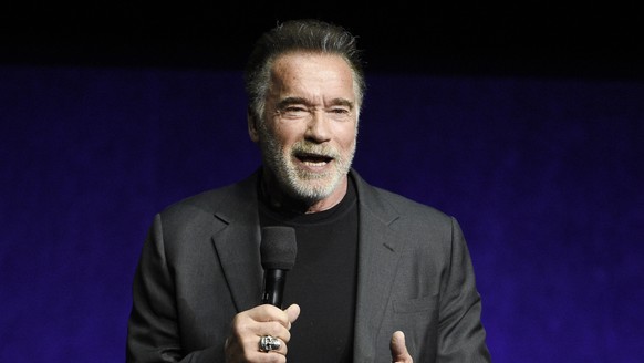 FILE - In this April 4, 2019, file photo, Arnold Schwarzenegger, a cast member in the upcoming film &quot;Terminator: Dark Fate,&quot; discusses the film during the Paramount Pictures presentation at  ...