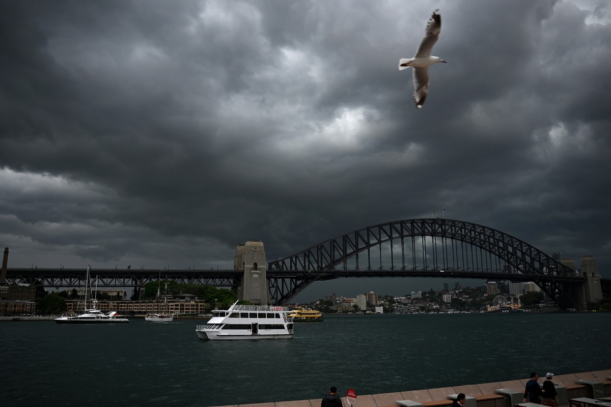 epaselect epa10965698 A seagull flies by under a thick and dark layer of storm clouds over the landmark Harbour Bridge in Sydney, Australia, 09 November 2023. Australia's Bureau of Meteorology (B ...
