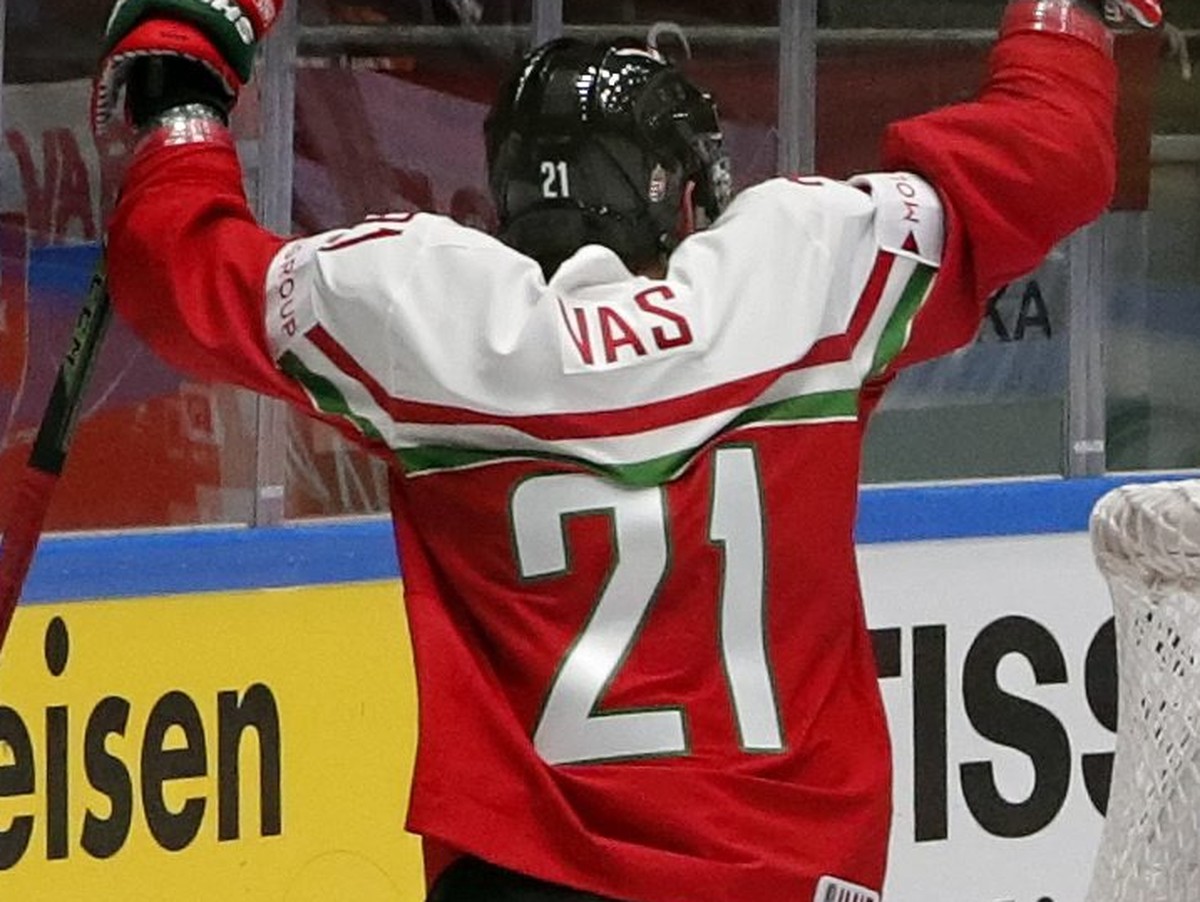 epa05292861 Janos Vas (L) of Hungary with his teammates celebrates a goal against Slovakia's goalie Branislav Konrad (C) during the Ice Hockey World Championship 2016 preliminary match between Hu ...