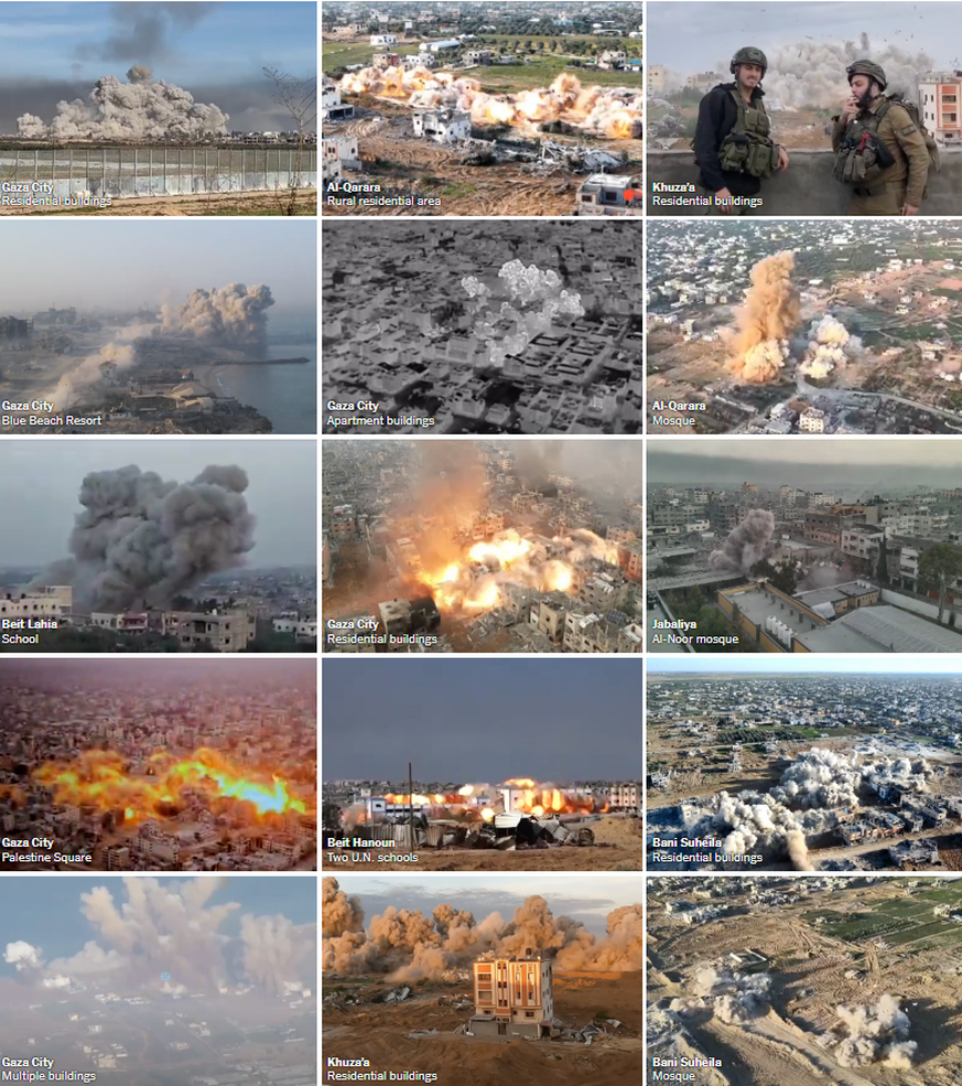 Screenshot from the New York Times website showing verified explosions of civilian facilities.