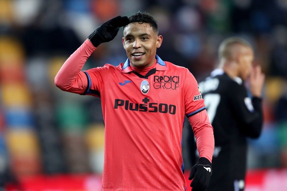 epa09675991 Atalanta���s Luis Muriel celebrates a goal during the Italian Serie A soccer match Udinese Calcio vs Atalanta BC at the Friuli - Dacia Arena stadium in Udine, Italy, 09 January 2022. EPA/G ...