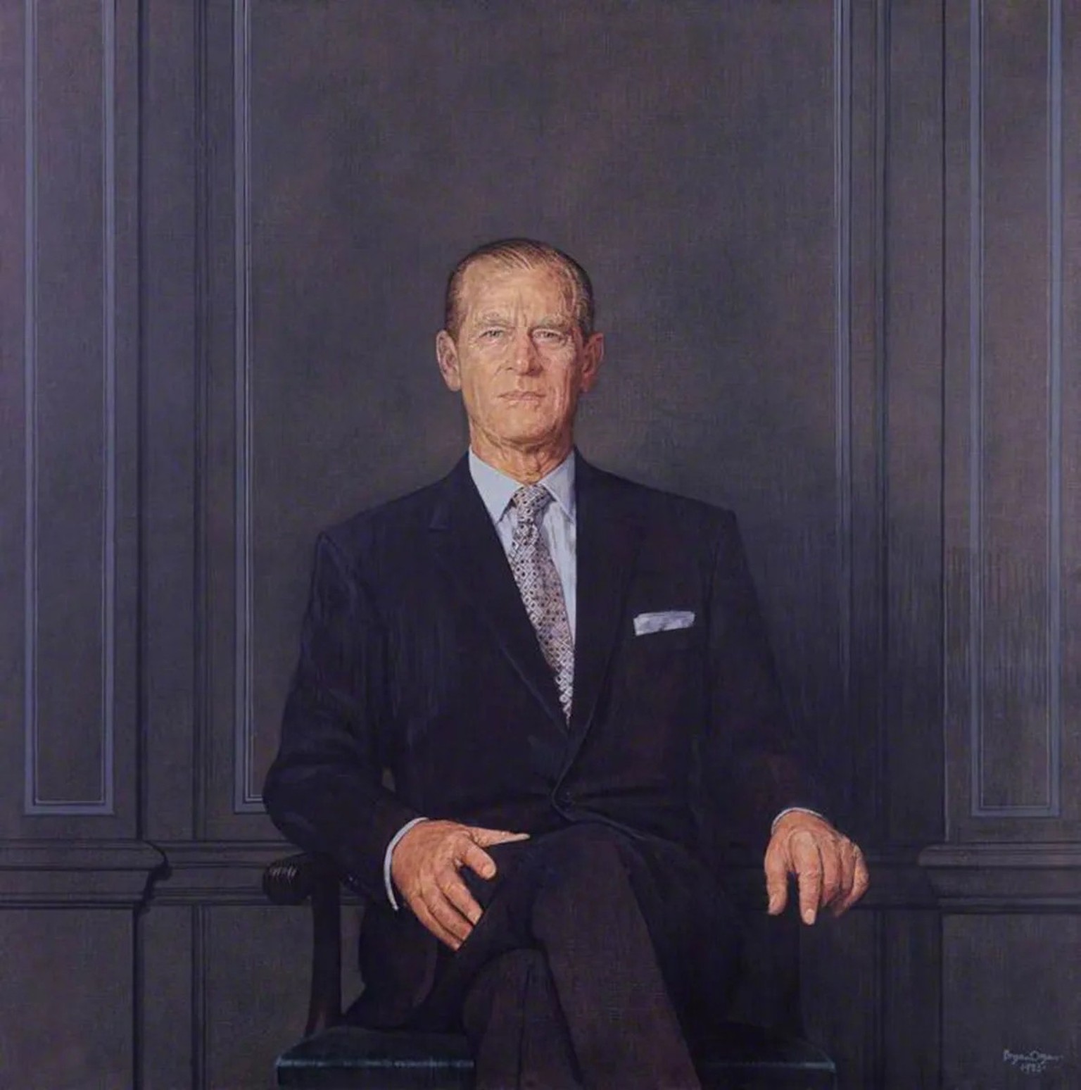 Prinz Philip wurde im Verlauf seines langen Lebens zur Kultfigur: hier sein Porträt als Ölbild von Bryan Organ, 1983.
https://artuk.org/discover/artworks/prince-philip-duke-of-edinburgh-157412