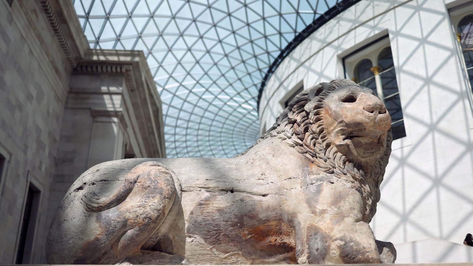 epa10815590 An artefact is displayed at the British Museum in London, Britain, 23 August 2023. The British Museum dismissed a member of staff and the Metropolitan Police are investigating after artefa ...
