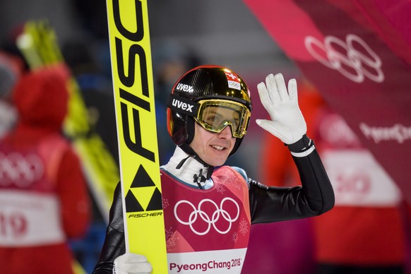 Simon Ammann of Switzerland reacts in the finish area during the men Normal Hill competition in the Alpensia Ski Jumping Center during the XXIII Winter Olympics 2018 in Pyeongchang, South Korea, on Sa ...