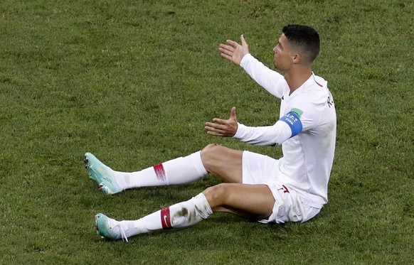 Portugal&#039;s Cristiano Ronaldo reacts during the round of 16 match between Uruguay and Portugal at the 2018 soccer World Cup at the Fisht Stadium in Sochi, Russia, Saturday, June 30, 2018. (AP Phot ...