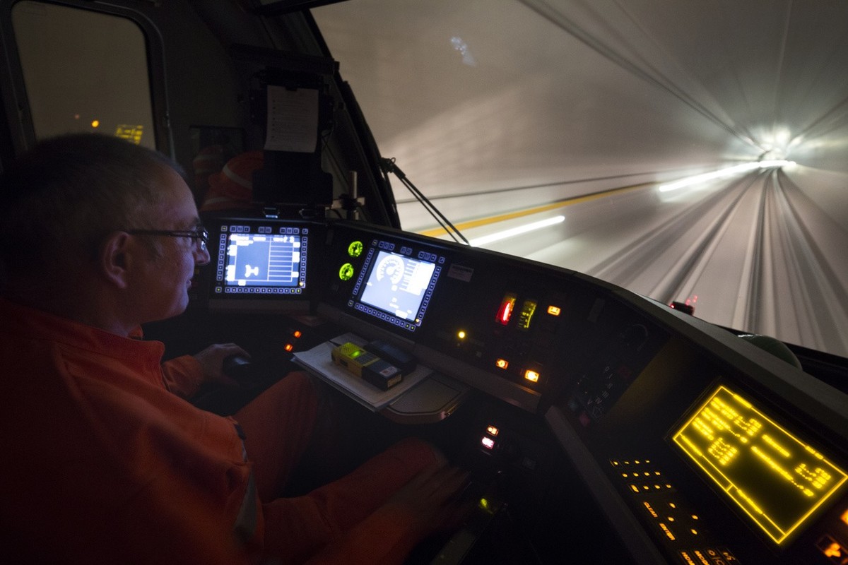Test ride of the Swiss Federal Railways through the west tube of the Gotthard Base Tunnel from Erstfeld, in the Canton of Uri, to Biasca, in the Canton of Ticino, by train operator Hans Blaser, on Oct ...