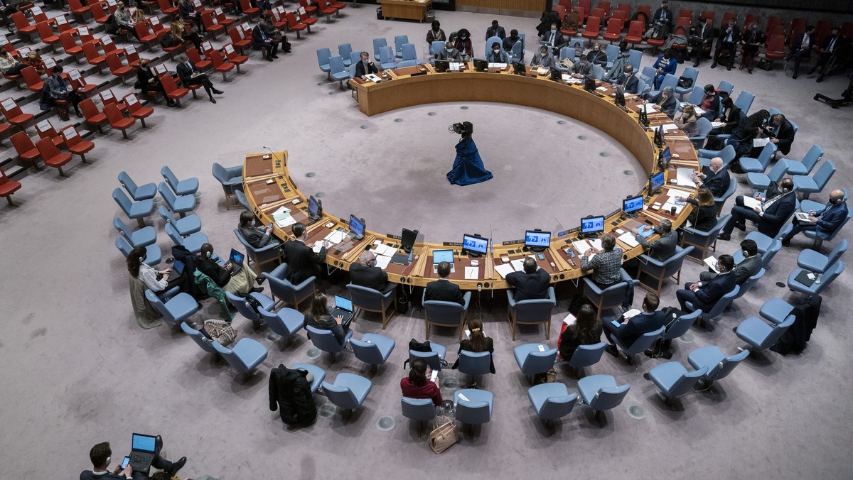 T. S. Tirumurti, permanent representative of India to the United Nations, speaks during a meeting of the security council, Monday, Feb. 28, 2022, at United Nations Headquarters. The U.N.'s two ma ...