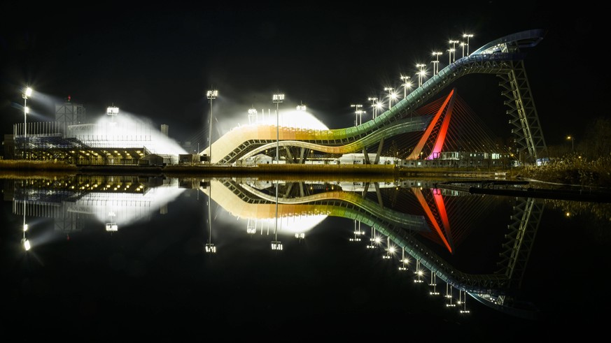 BEIJING, CHINA - DECEMBER 12: Snowmaking starts at the ski jumping platform Shougang Big Air on December 12, 2021 in Beijing, China. Shougang Big Air will host the big air freestyle skiing and snowboa ...