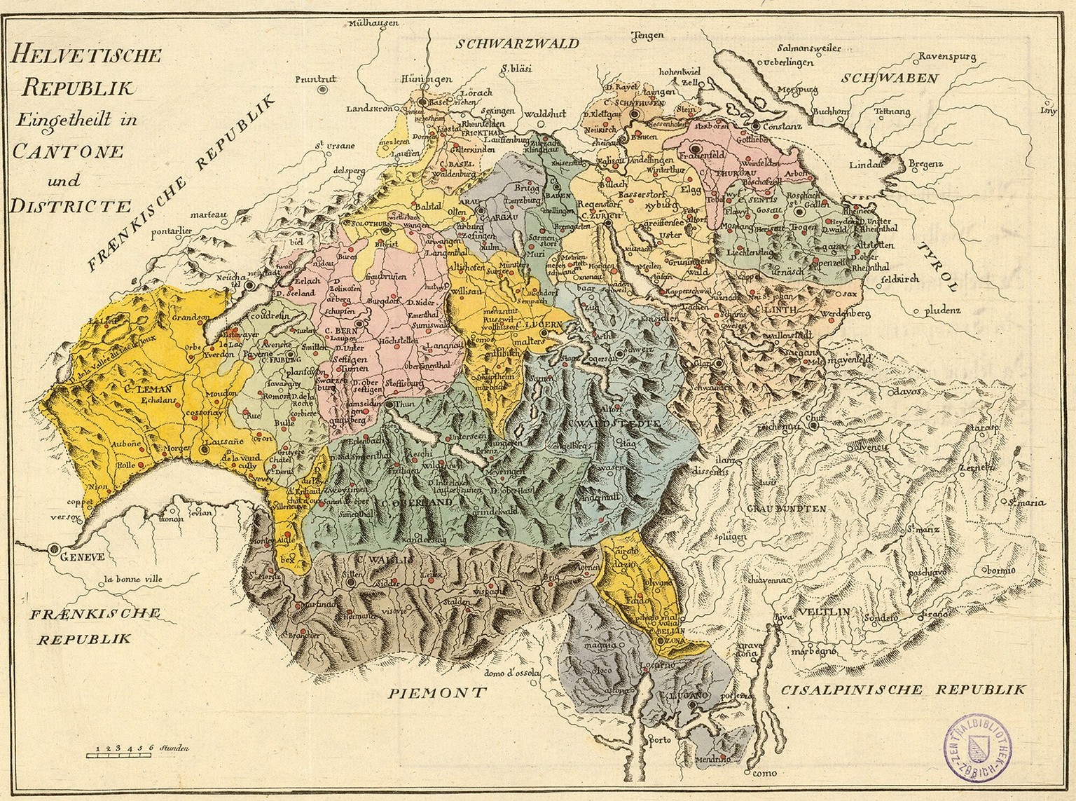 Map of the Helvetic Republic and its cantons from 1799. The area of ​​the current canton of Ticino was then divided into the two cantons Bellinzona (yellow) and Lugano (blue).  https://www.e-rara.ch/z...