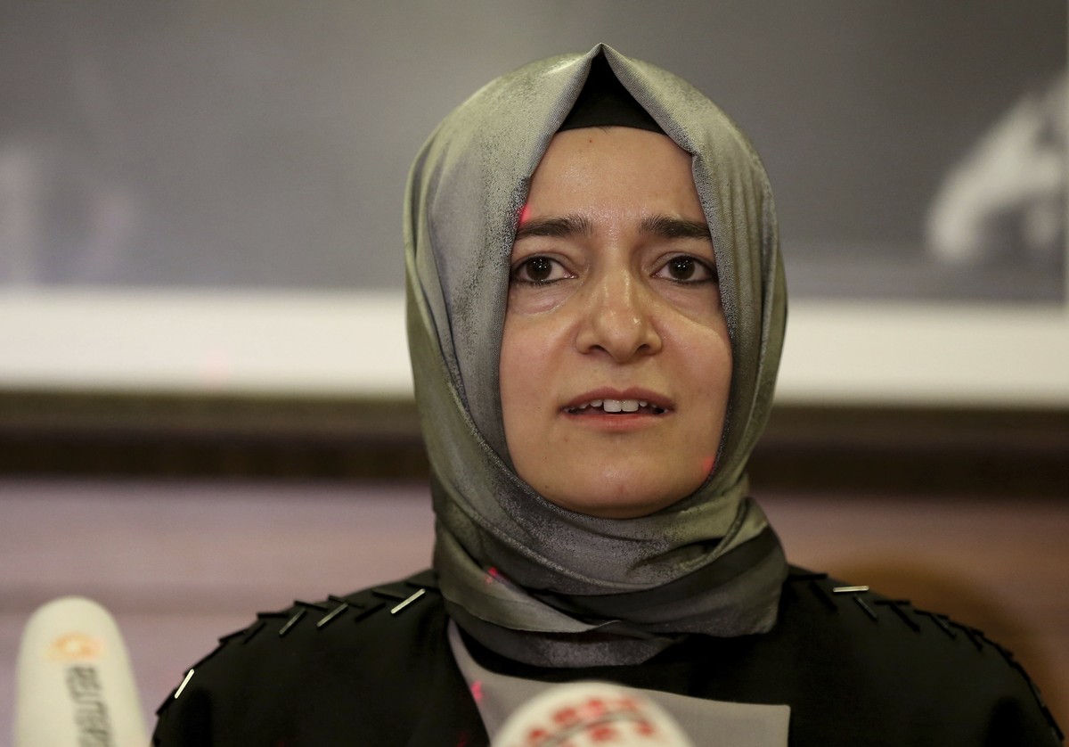 Fatma Betul Sayan Kaya, Turkey's Minister of Family Affairs, who was escorted back to the German border after a long standoff outside the Turkish consulate in Rotterdam, speaks to the media at At ...