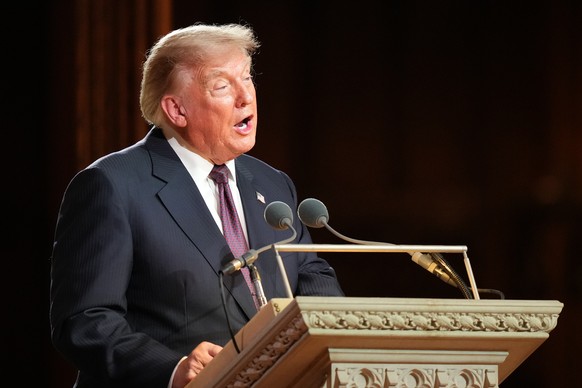 epa13138104 US President Donald J. Trump delivers a eulogy during the funeral services for the late US Senator Lindsey Graham at the Washington National Cathedral in Washington, DC USA, 28 July 2026.  ...