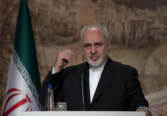 epa07130845 Iranian Foreign Minister Mohammad Javad Zarif speaks during a press conference with Turkish Foreign Minister Mevlut Cavusoglu and his Azeri counterpart Elmar Mammadyarov (both not pictured ...