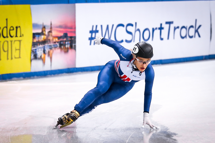 British speed skater Elise Christie competes, Dresden, Germany, February 02, 2019: British speed skater Elise Christie competes during the ISU Short Track Speed Skating World Championship at the Energ ...