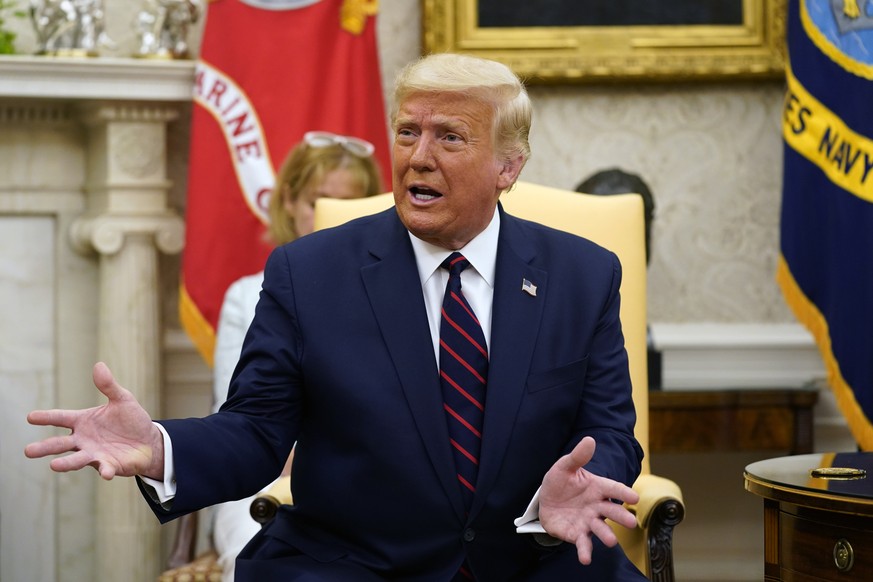 President Donald Trump speaks as he meets with Iraqi Prime Minister Mustafa al-Kadhimi in the Oval Office of the White House, Thursday, Aug. 20, 2020, in Washington. (AP Photo/Patrick Semansky)
Donald ...