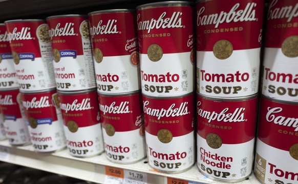 FILE - Cans of Campbell&#039;s soup are displayed in a supermarket, March 25, 2021, in New York. (AP Photo/Mark Lennihan, File)