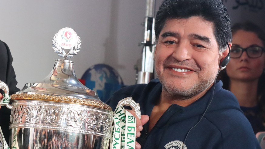 epa06893683 Former Argentinian soccer player Diego Maradona attends a press-conference in Brest, Belarus, 16 July 2018. Maradona has been appointed as chairman of Belarussian soccer club &#039;Dinamo  ...