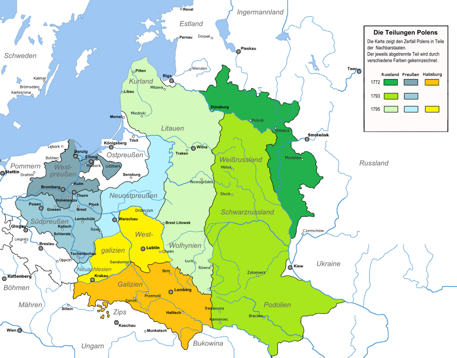 Ende des 18. Jahrhundert wurde Polen durch seine Nachbarstaaten Russland, Preussen und Österreich drei Mal geteilt, so dass am Ende nichts mehr davon übrig blieb. Erst nach dem Ersten Weltkrieg sollte Polen als souveräner Staat wiedererstehen.