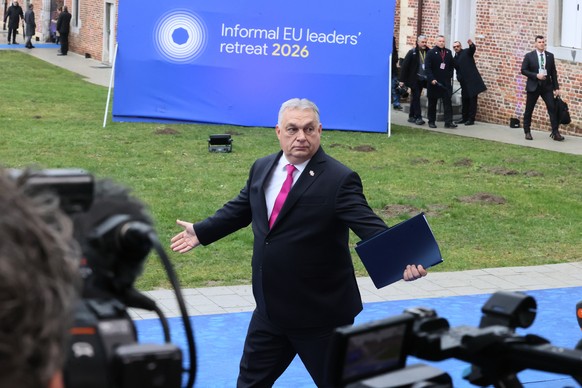 Hungary's Prime Minister Viktor Orban, center, arrives for the EU summit at Alden Biesen Castle in Bilzen-Hoeselt, Belgium, Thursday, Feb. 12, 2026. (AP Photo/Francois Walschaerts)
Viktor Orban