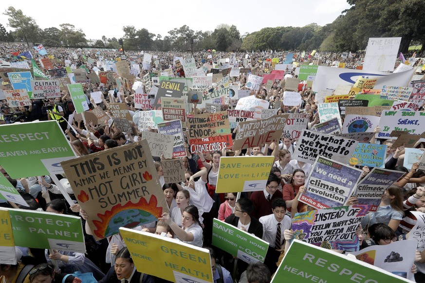 Thousands of protestors, many of them school students, gather in Sydney, Friday, Sept. 20, 2019, calling for action to guard against climate change. Australia&#039;s acting Prime Minister Michael McCo ...