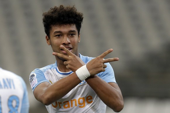 Marseille&#039;s Boubacar Kamara celebrates his side first goal during the French League One soccer match between Marseille and Bordeaux at the Velodrome Stadium, in Marseille, Tuesday, Feb. 5, 2019.  ...