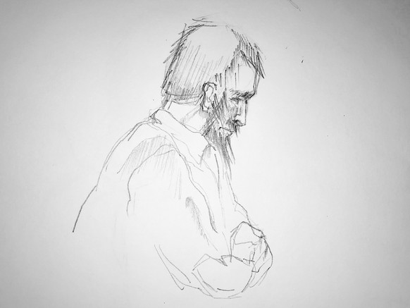 epa06546303 An artists&#039; impression of suspect Rakhmat Akilov being questioned about the terror attack in Stockholm in April 2017, during the trial in district court in Stockholm, 20 February 2018 ...