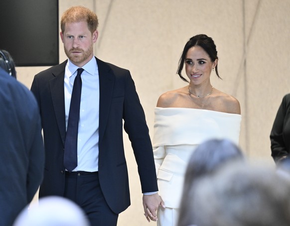 Britain&#039;s Prince Harry, The Duke of Sussex, left, and Meghan, Duchess of Sussex, participate in The Archewell Foundation Parents&#039; Summit &quot;Mental Wellness in the Digital Age&quot; as par ...