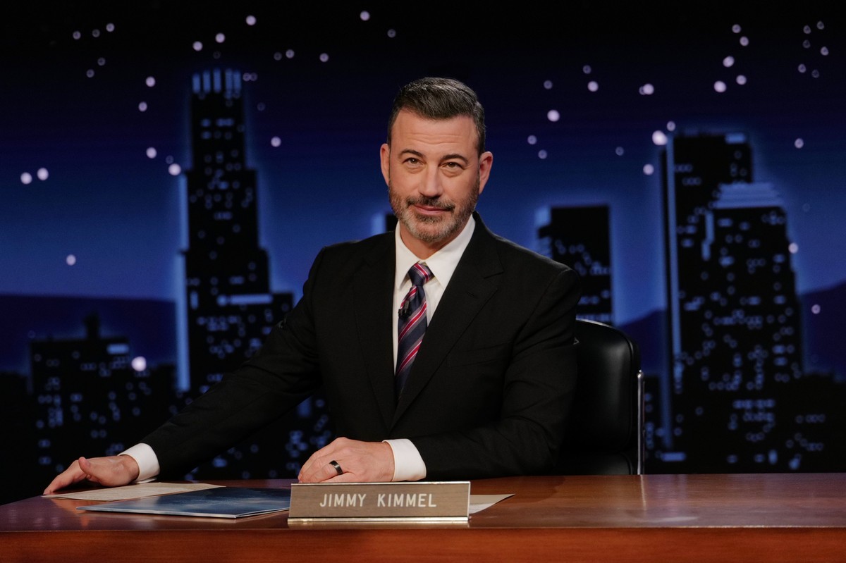This image released by Disney shows Jimmy Kimmel hosting his late night show "Jimmy Kimmel Live!" in Los Angeles on Tuesday, Sept. 23, 2025. (Randy Holmes/Disney via AP)
Jimmy Kimmel