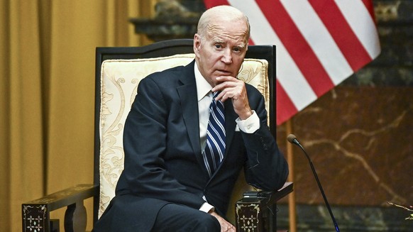 U.S. President Joe Biden speaks during a meeting with Vietnam&#039;s President Vo Van Thuong at the Presidential Palace in Hanoi, Vietnam, Monday, Sept. 11, 2023. (Nhac Nguyen/Pool Photo via AP)