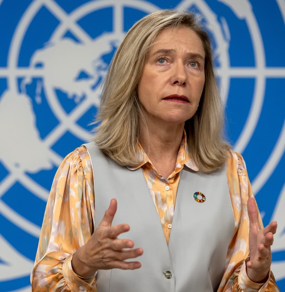 epa11646965 Celeste Saulo, Secretary-General of World Meteorological Organization (WMO), presents the WMO's State of Global Water Resources report during a presse conference, at the European head ...