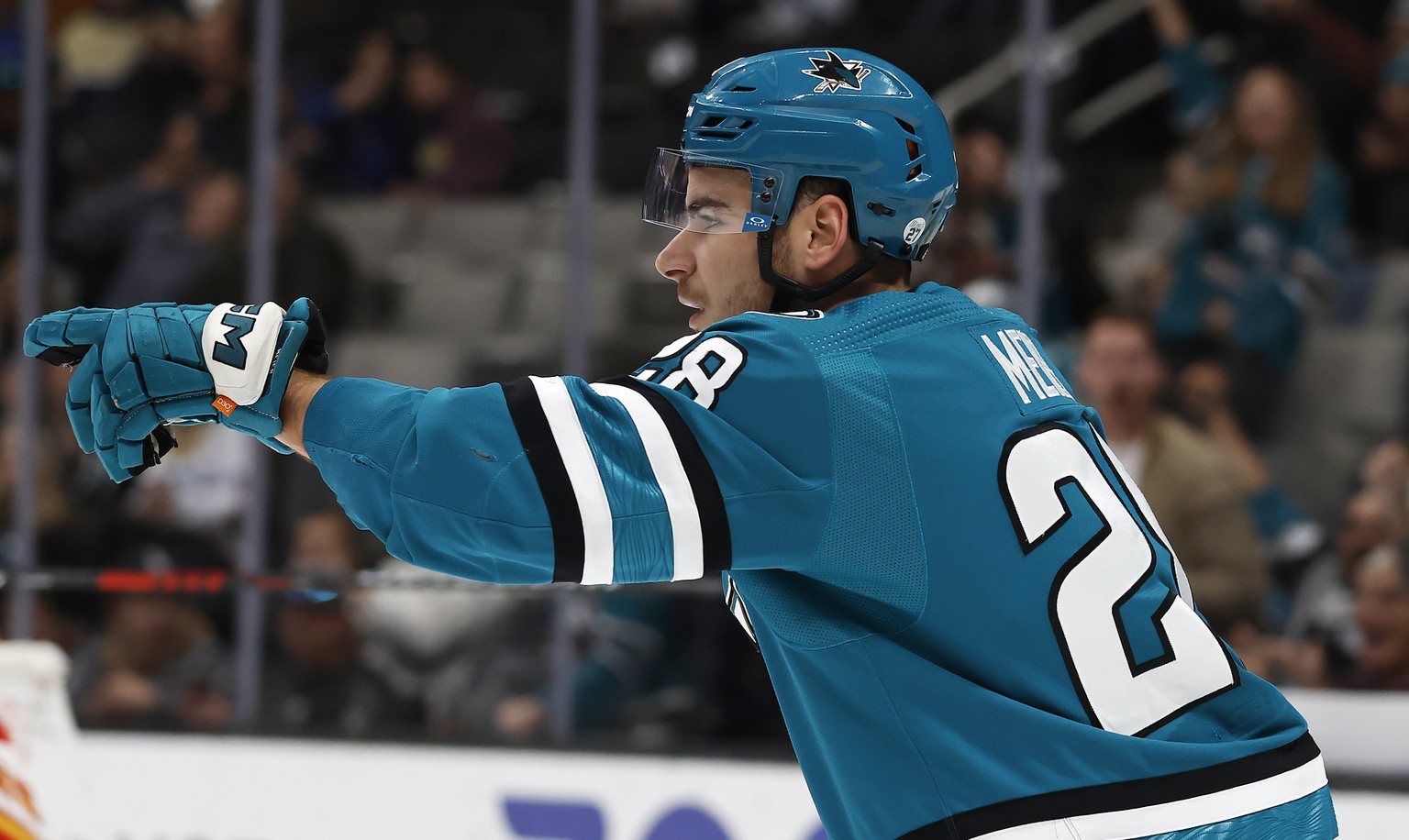 San Jose Sharks right wing Timo Meier (28) celebrates after scoring a goal in the first period of an NHL hockey game against the Calgary Flames, Sunday, Dec. 18, 2022, in San Jose, Calif.(AP Photo/Jos ...