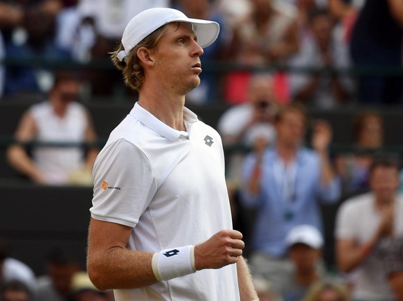 epa06876428 Kevin Anderson of South Africa celebrates his win over Gael Monfils of France in their fourth round match during the Wimbledon Championships at the All England Lawn Tennis Club, in London, ...