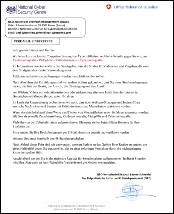 Fake-Extortion-E-Mail im Namen des NCSC mit Logo des englischen Pendants, angeblich unterschrieben von Elisabeth Baume-Schneider.