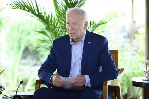 U.S. President Joe Biden makes a statement during a meeting with British Prime Minister Rishi Sunak at the G20 summit, Wednesday, Nov. 16, 2022 in Nusa Dua, Bali, Indonesia. (Leon Neal/Pool Photo via  ...