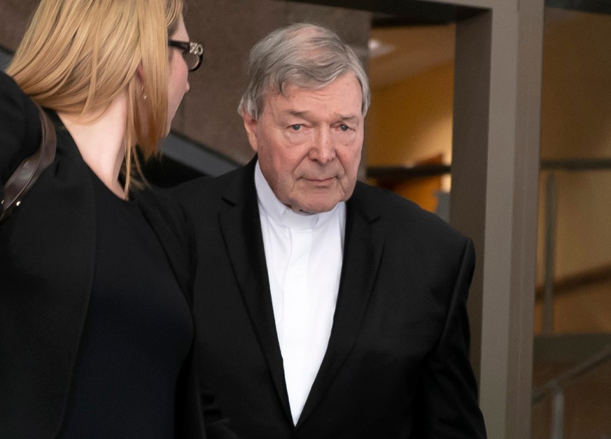 Australian Cardinal George Pell leaves the Melbourne Magistrate Court in Melbourne Tuesday, May 1, 2018. Australian Cardinal Pell, the most senior Vatican official to be charged in the Catholic Church ...