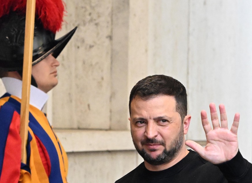 epa10625106 Ukraine&#039;s President Volodymyr Zelensky arrives for a private audience with Pope Francis at the Vatican, 13 May 2023. It is the first time Zelensky visits Italy since the start of the  ...