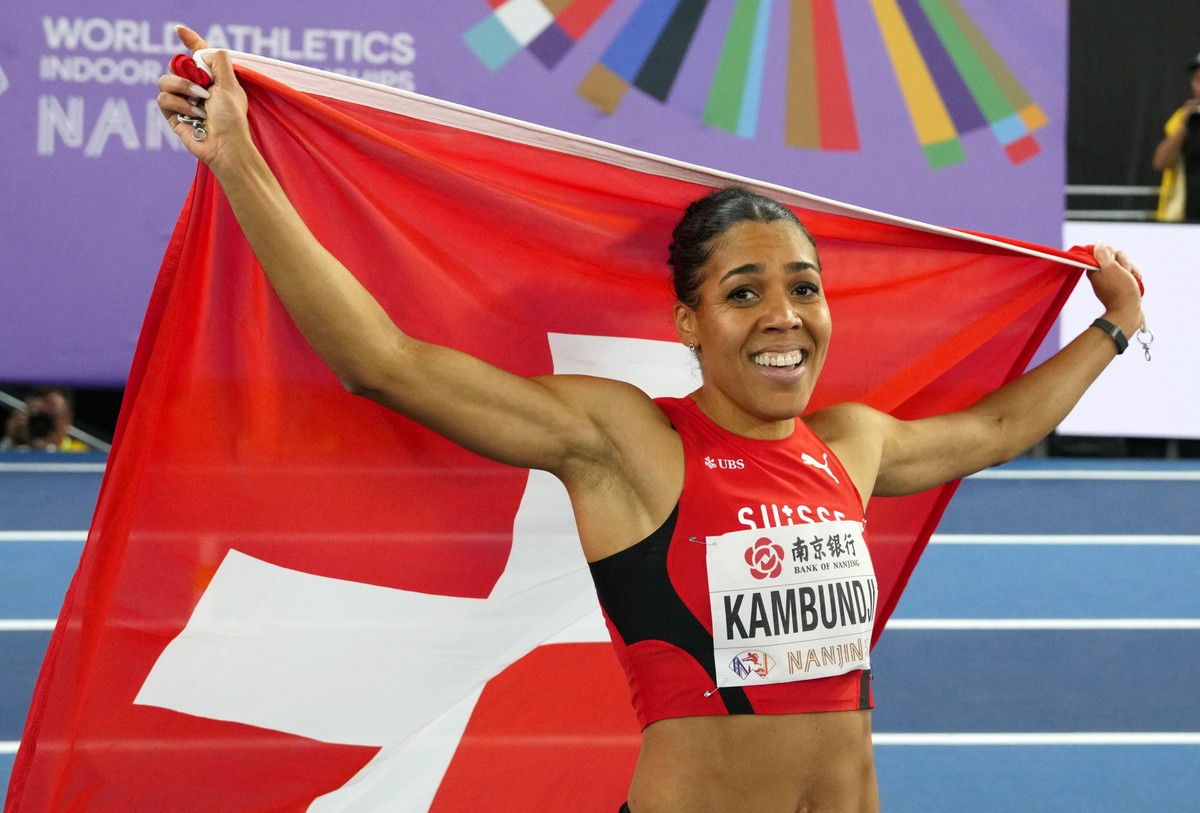 Mujinga Kambundji, of Switzerland, celebrates after winning the gold medal in the women's 60 meters final at the World Athletics Indoor Championships in Nanjing, China, Saturday, March 22, 2025.  ...