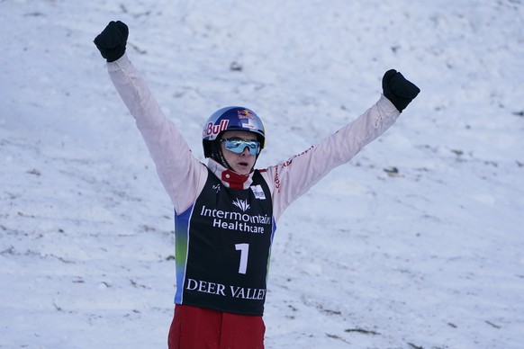 Switzerland&#039;s Noe Roth celebrates after competing in the World Cup men&#039;s freestyle aerials skiing event, Saturday, Feb. 6, 2021, in Deer Valley, Utah. (AP Photo/Rick Bowmer)
Noe Roth