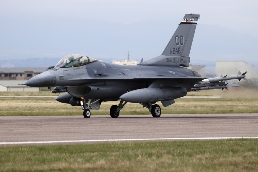 FILE - A F-16 Fighting Falcon from Colorado Air National Guard&#039;s 140th Wing takes off from Buckley Air Force Base as part of a second flyover to salute COVID-19 front-line workers May 15, 2020, i ...